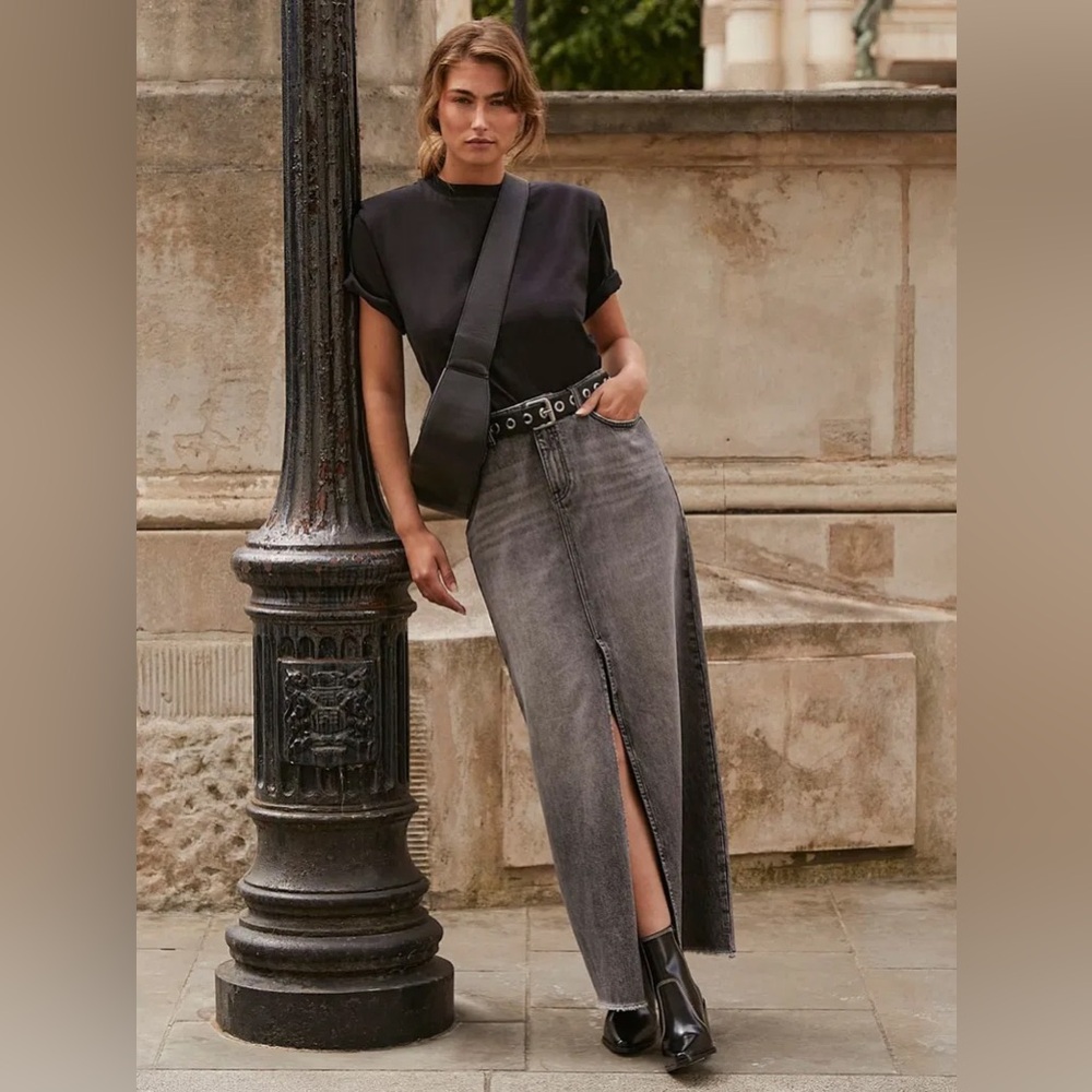 NWT ZARA Slit Denim Midi Maxi Skirt Sz XS Black Grey Wash Distressed Grunge